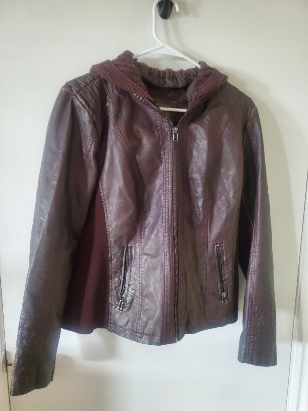 Maurices burgundy hooded faux leather jacket